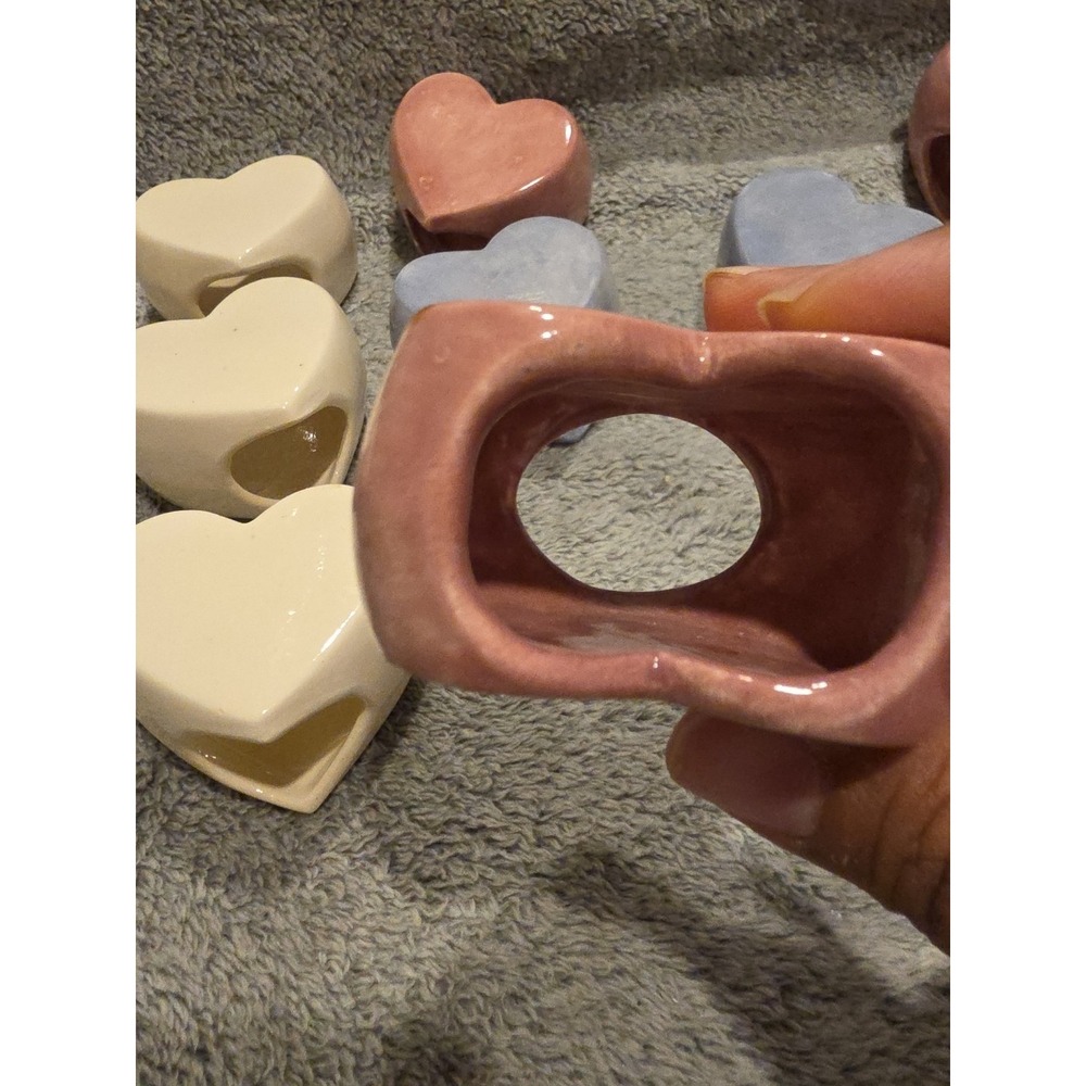 Set Of 12 Heart Shaped Ceramic Napkin Rings Pink Blue And White - Picture 5 of 5
